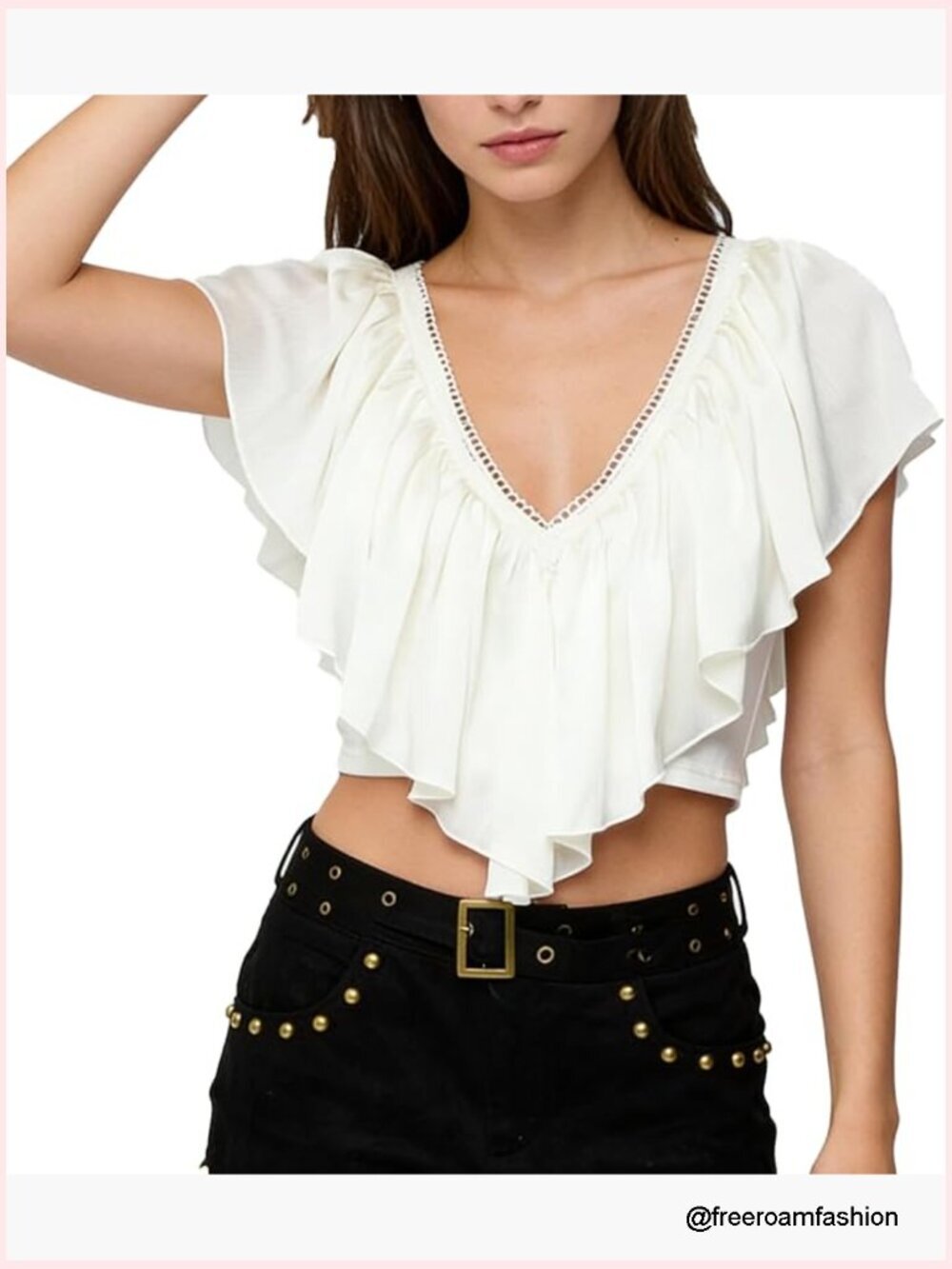 Ruffled V Neck Crop Top Frill Trim Open Back Summer Going Out Blouse Y2K
